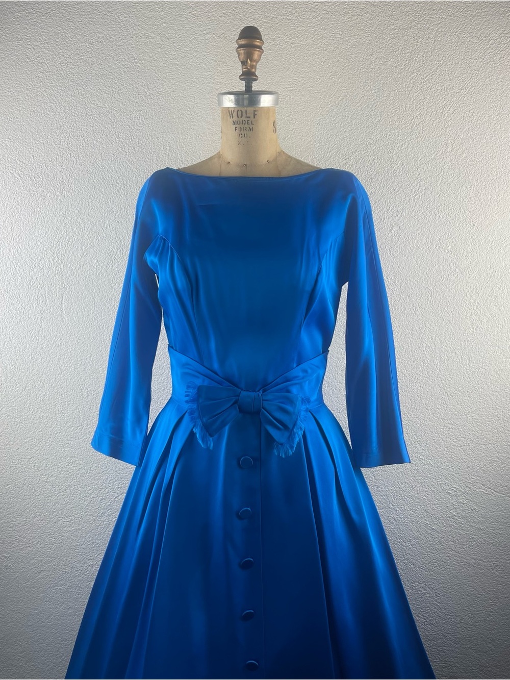 Vintage l 50s S Parklane Debs Silk Satin Fringe Bow Open V-Back Full Skirt Dress